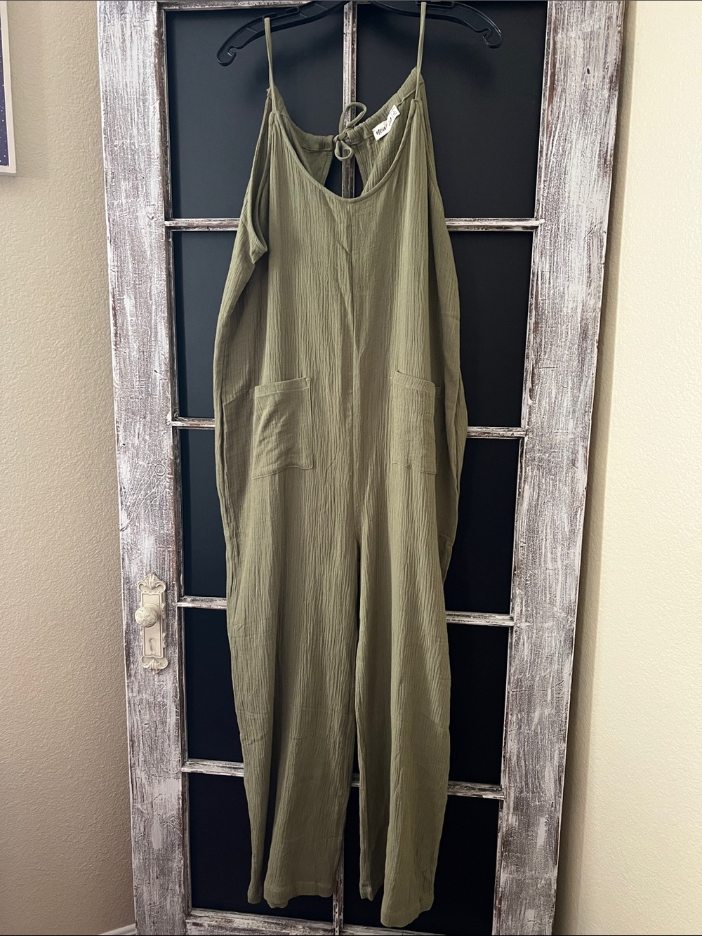 Lightweight Olive Green Cotton Jumpsuit with Pockets, tie back